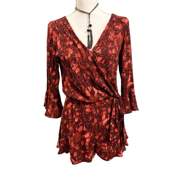 Free People Pants - Free People All The Right Ruffles Burgundy Floral Wrap Romper Size XS